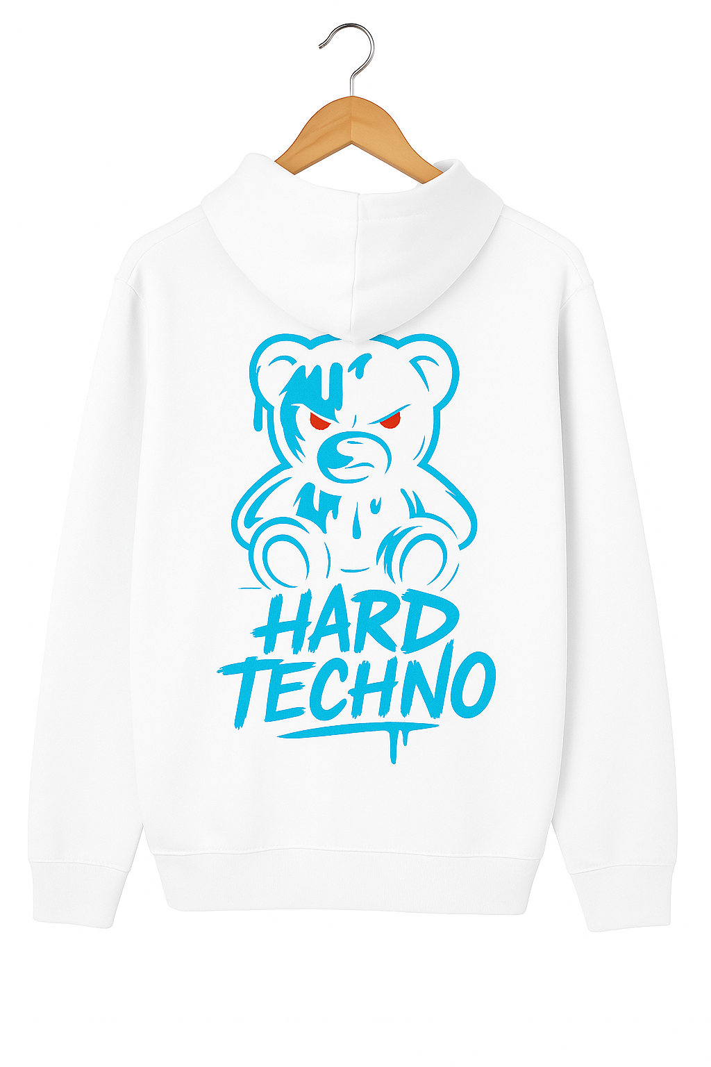 White sweatshirt with blue bear graphic and 'Hard Techno' text on a white background