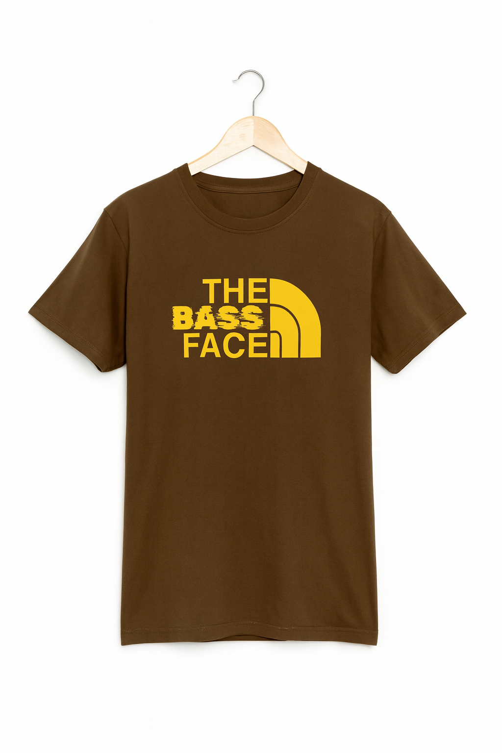 Brown t-shirt with 'The Bass Face' text on a hanger against a white background