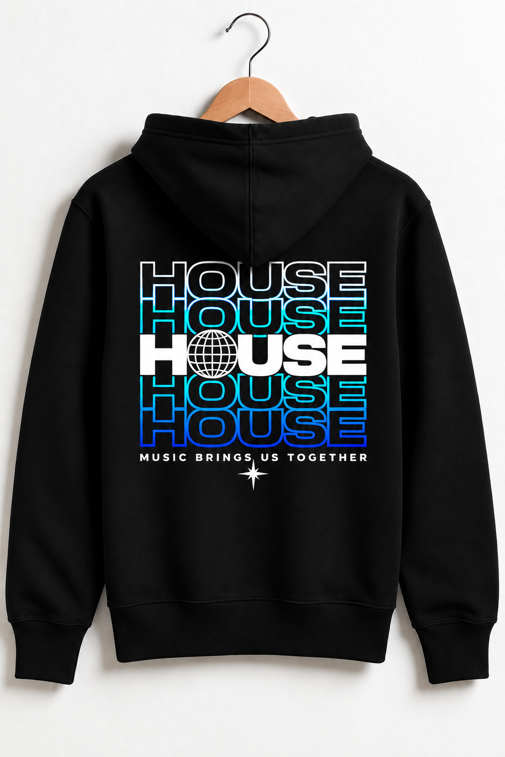 A black pullover hoodie hanging on a wooden hanger against a light gray wall, showing the back with a large graphic print that reads 'HOUSE HOUSE HOUSE' in white, blue, and cyan, plus 'MUSIC BRINGS US TOGETHER' below.