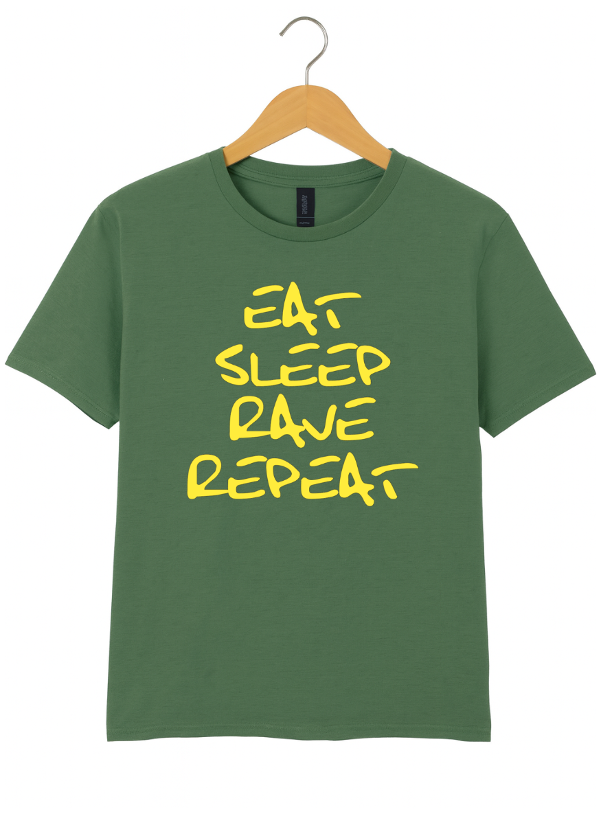Green t-shirt with yellow text 'EAT SLEEP RAVE REPEAT' on a hanger against a white background