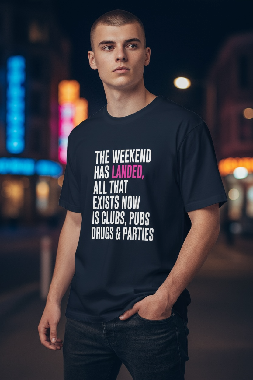 Man wearing a black t-shirt with a humorous text design on a city street at night.
