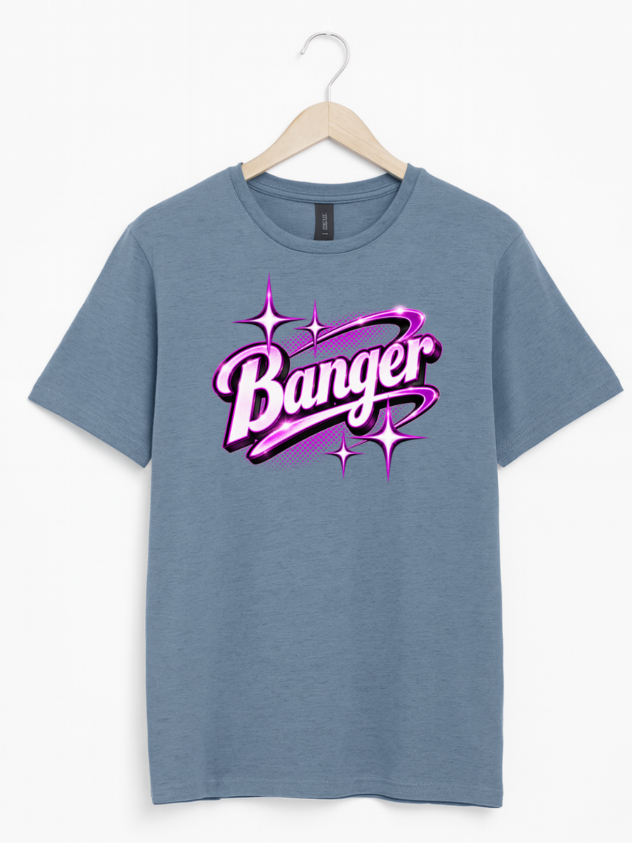 A blue crewneck t-shirt hanging on a wooden hanger against a white background, featuring a large graphic on the chest with the word 'Banger' in stylized pink and purple bubble letters with star accents.