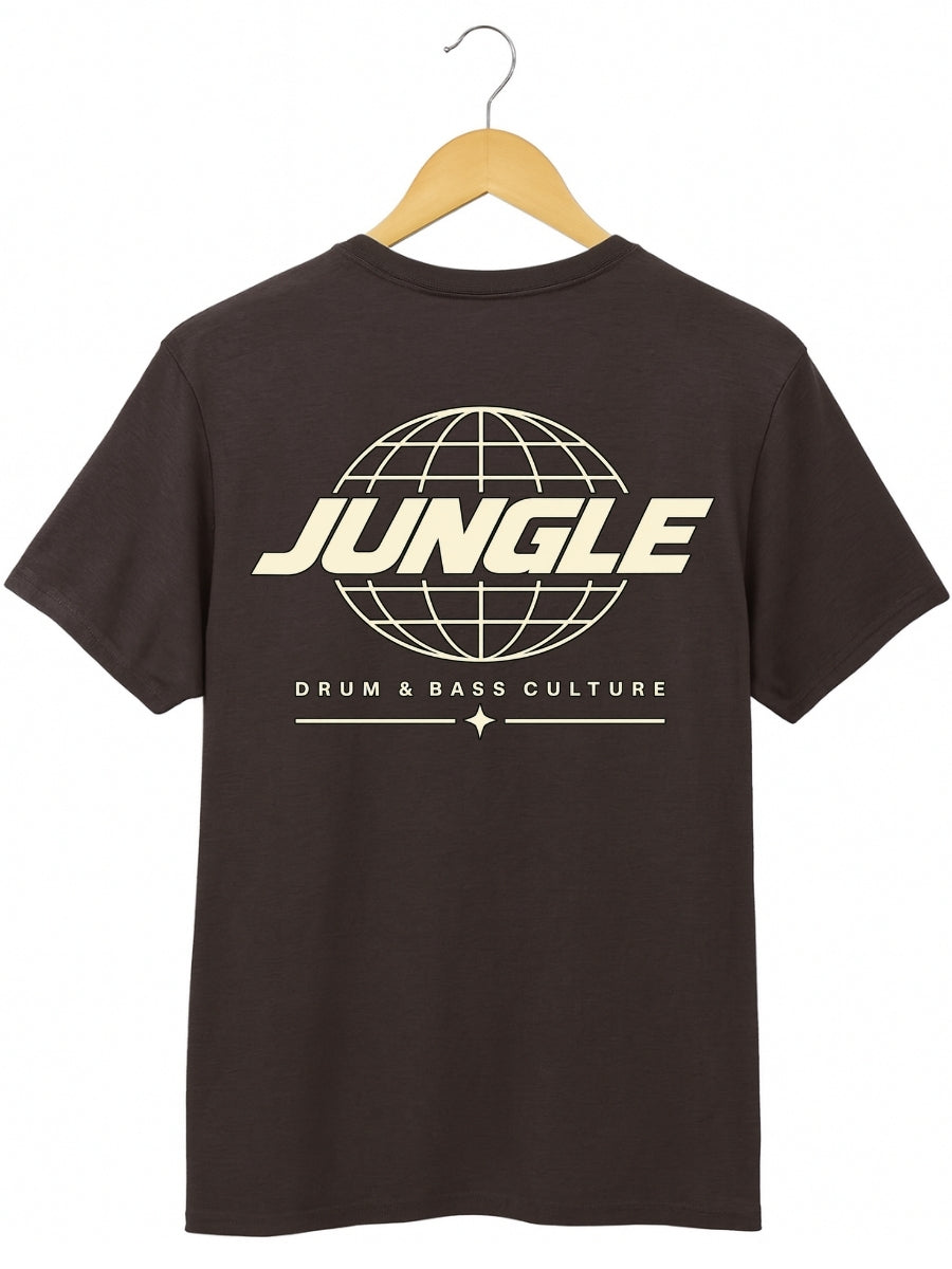 A dark brown short-sleeve t-shirt hanging on a wooden hanger against a white background, featuring a cream-colored graphic on the back with a globe design and the text 'JUNGLE DRUM & BASS CULTURE'.