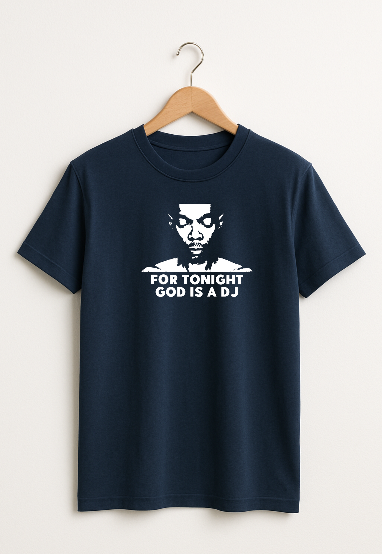 Navy blue t-shirt with a graphic and text on a hanger against a white background