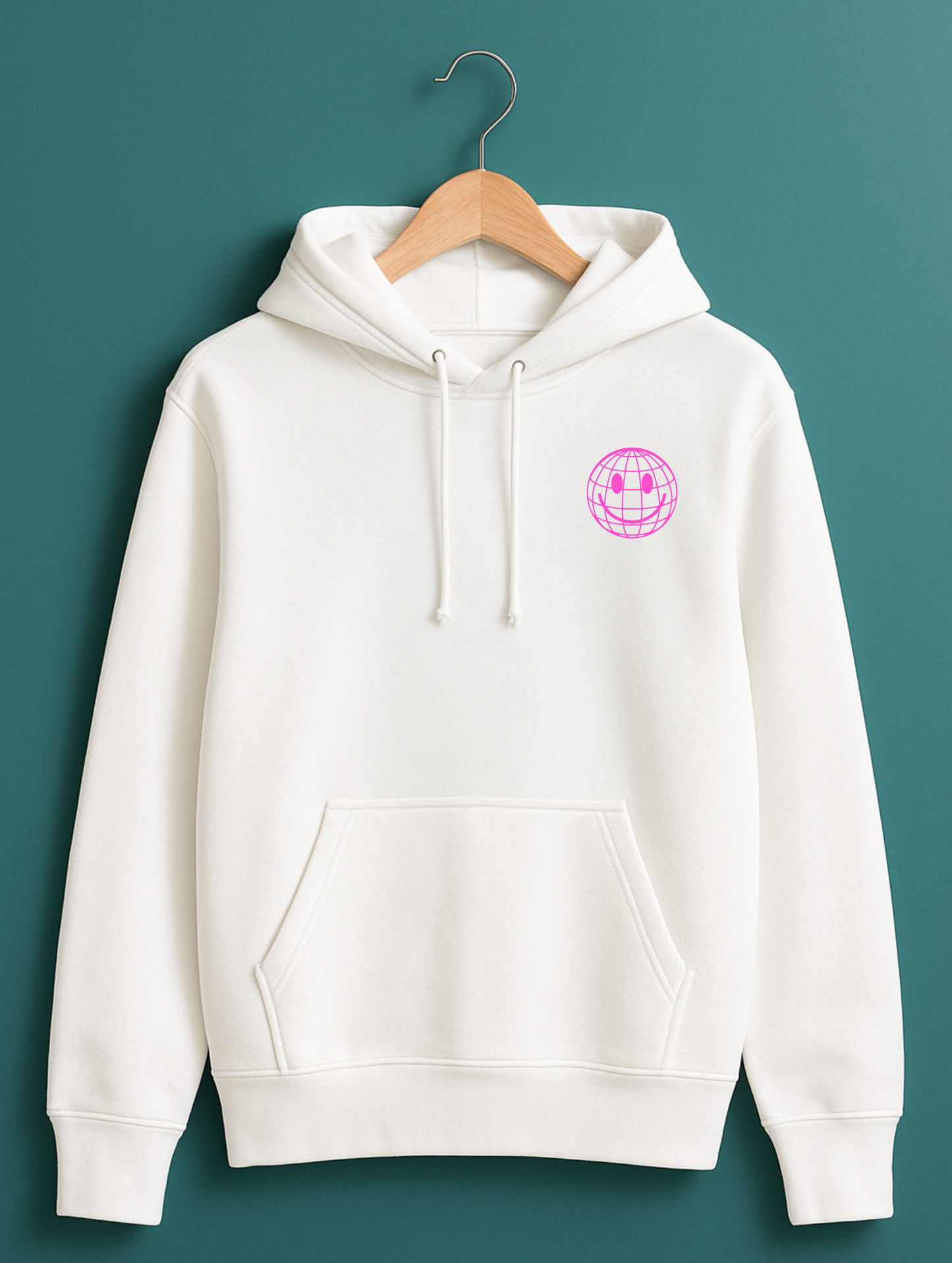 White hoodie with a pink logo on a hanger against a teal background