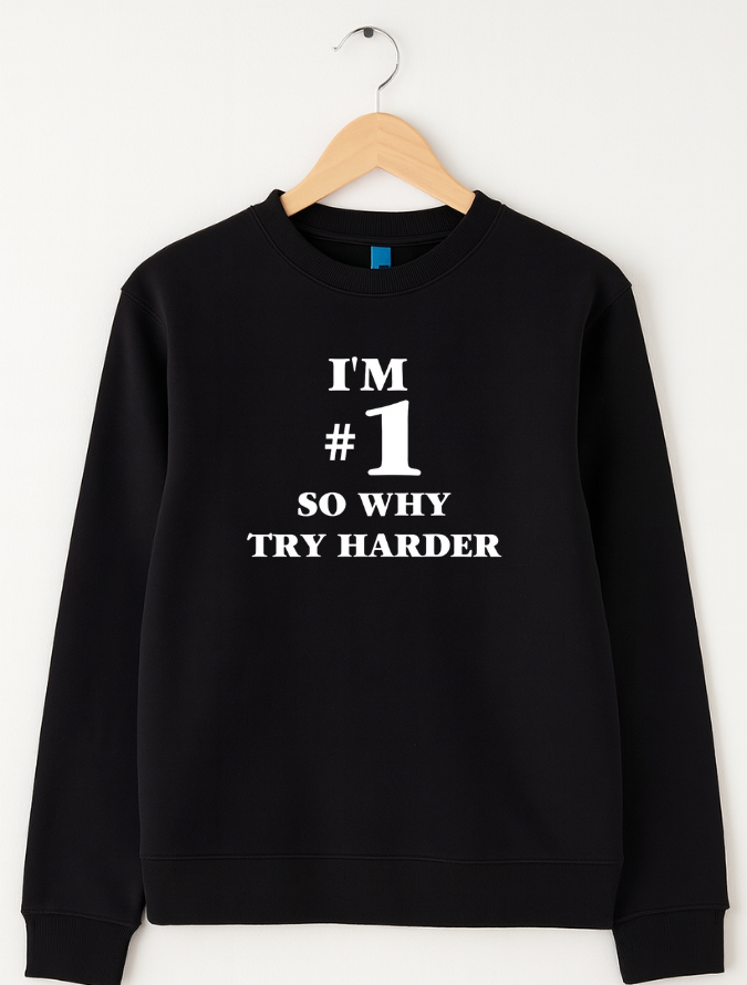 Black sweatshirt with white text on a hanger against a white background
