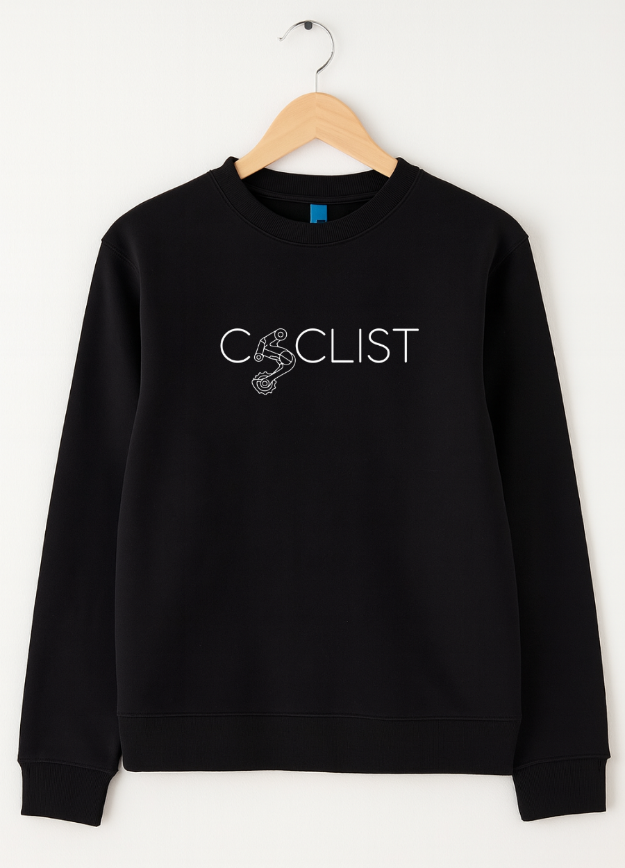 Black sweatshirt with 'Cyclist' text on a hanger against a white background