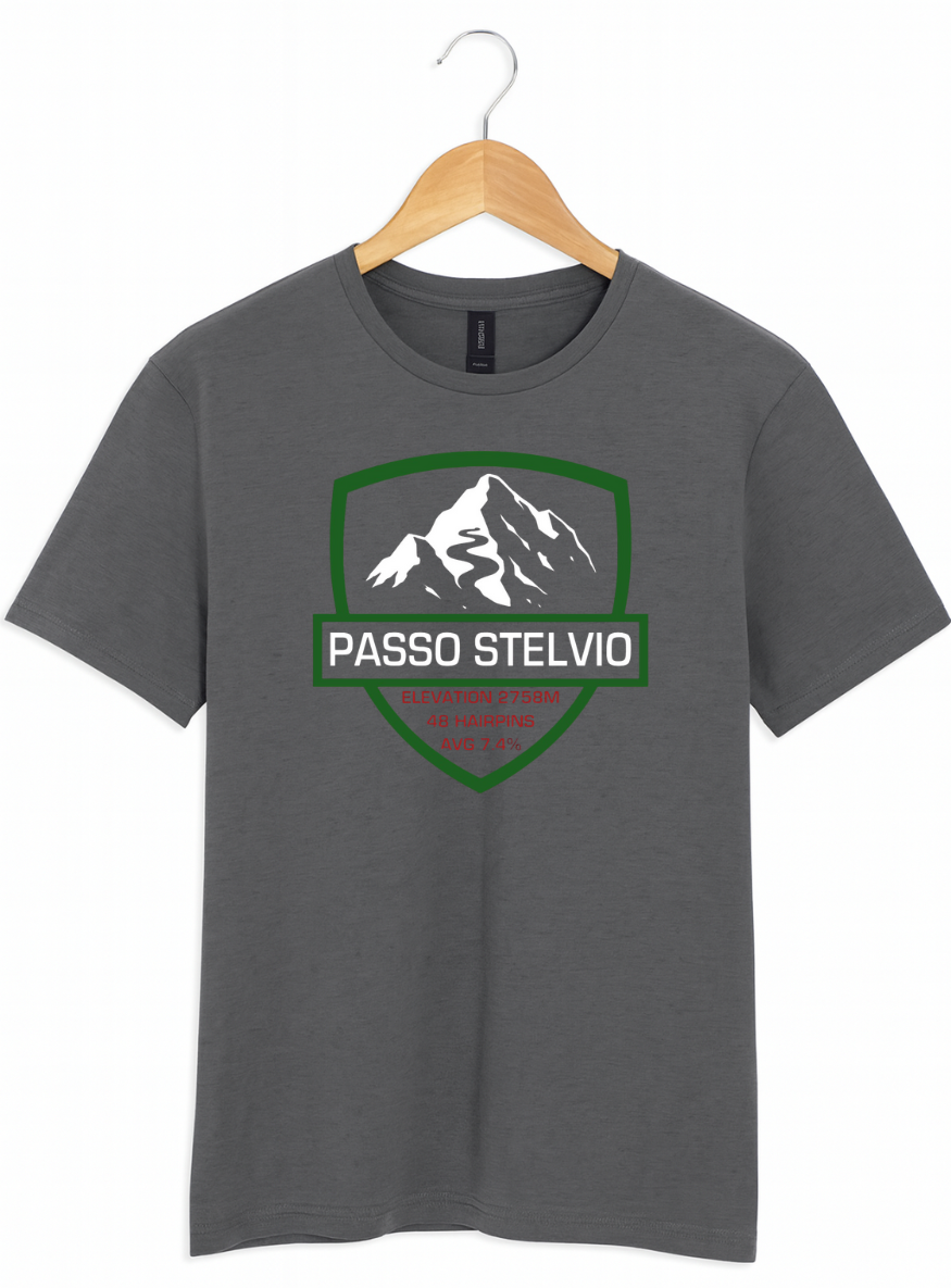 Gray t-shirt with Passo Stelvio logo on a hanger against a white background