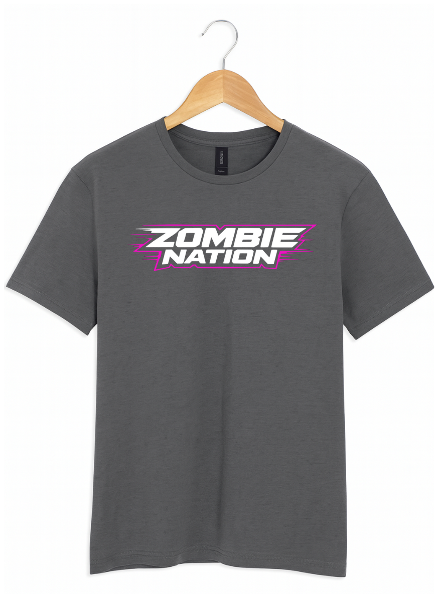 Grey t-shirt with 'Zombie Nation' text on a hanger against a white background