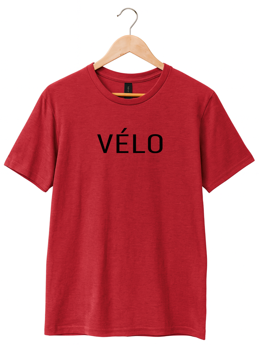 Red t-shirt with 'VELO' text on a hanger against a white background