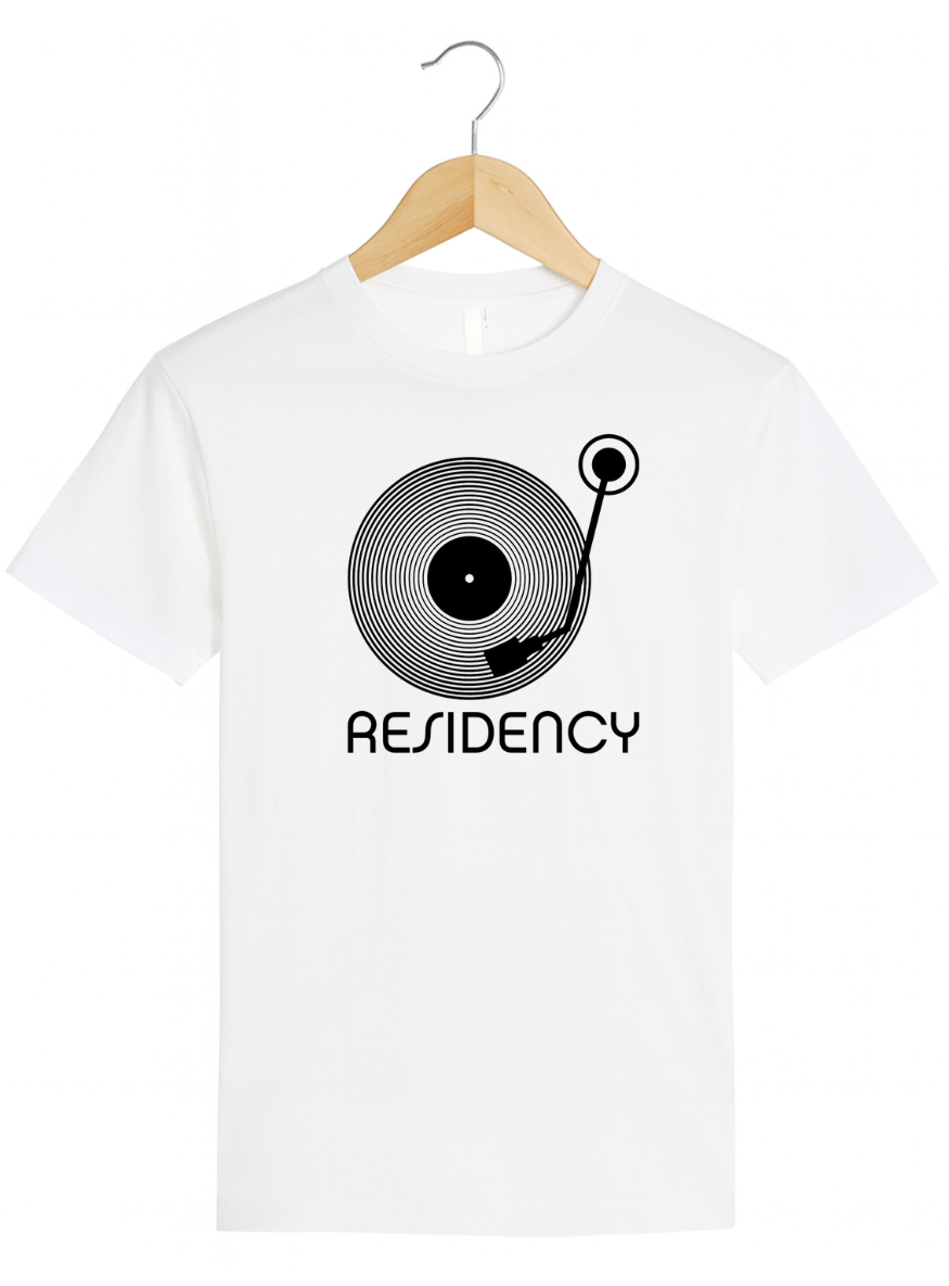 White t-shirt with a black graphic design and 'Residency' text on a white background