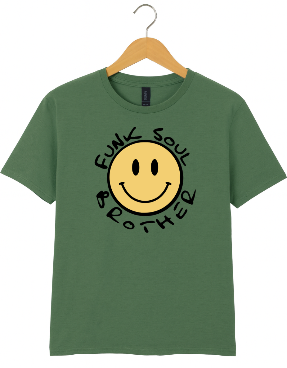 Green t-shirt with a yellow smiley face and text on a hanger against a white background