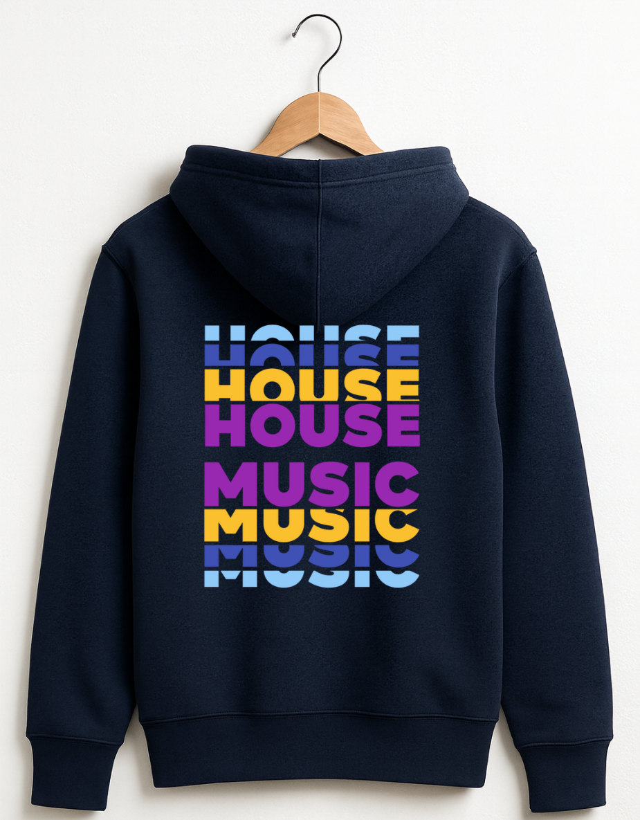 Navy hoodie with colourful stacked “House Music” typography printed on the back
