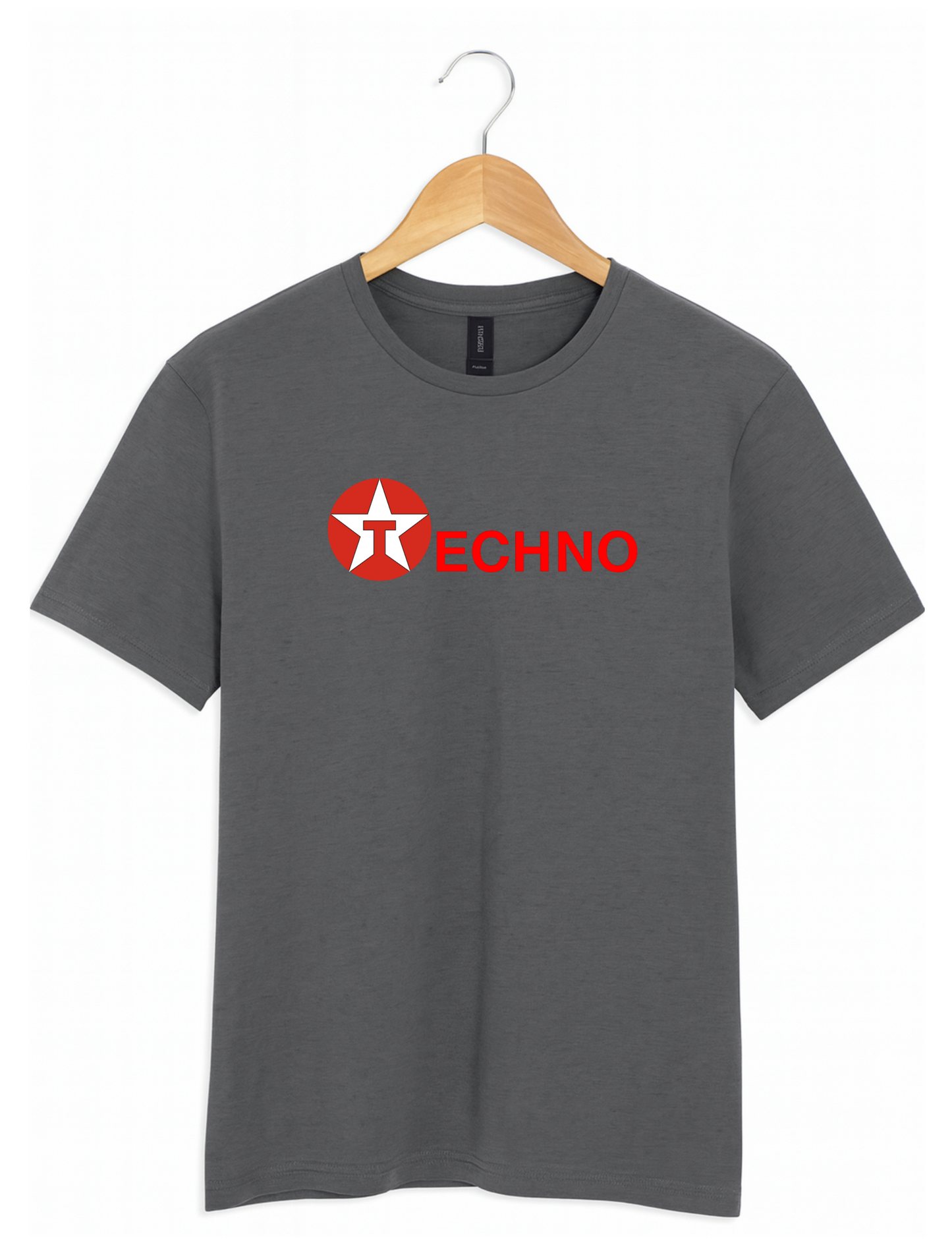 Grey t-shirt with red and white logo techno on a hanger against a white background