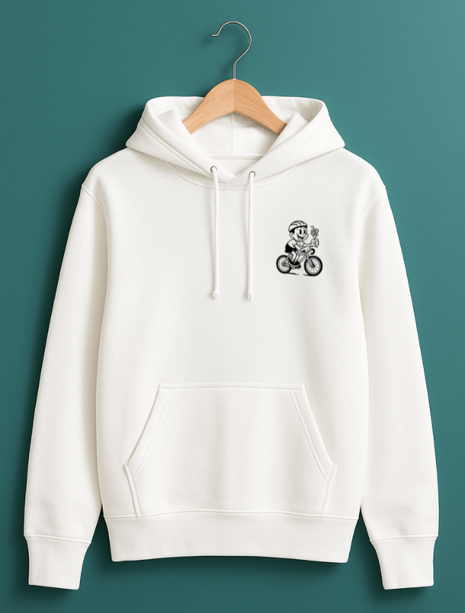 White hoodie hanging on a wooden hanger with a white graphic of a cartoon cyclist holding pasta