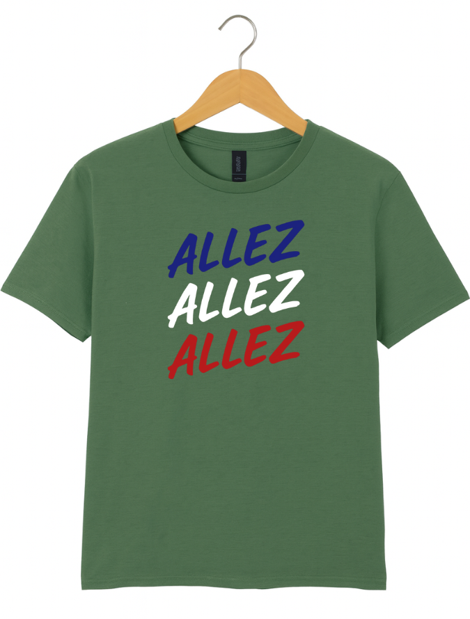 Green cycling t-shirt with 'ALLEZ' text in blue, white, and red on a hanger against a white background