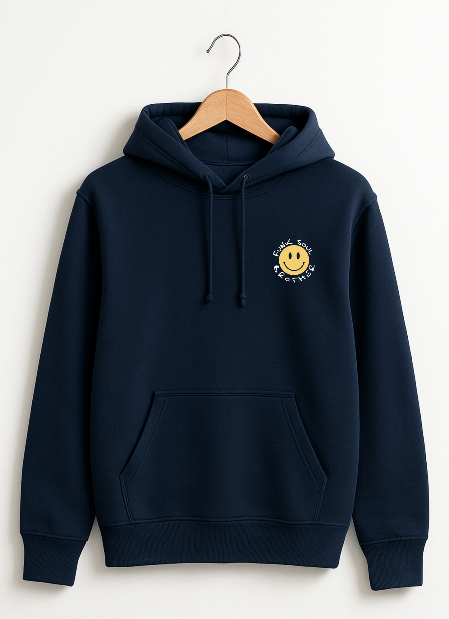 Navy blue hoodie with a smiley face design on a hanger against a white background