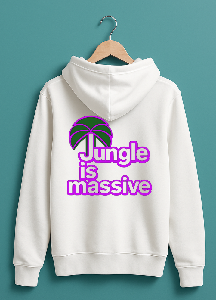 White hoodie with 'Jungle is massive' text and palm tree design on a hanger against a teal background