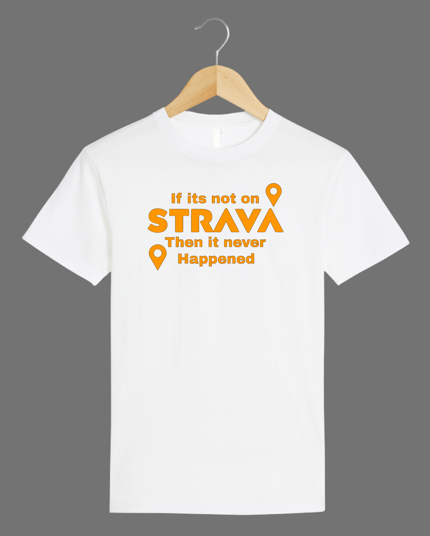 White t-shirt with orange strava text and graphics on a hanger against a gray background