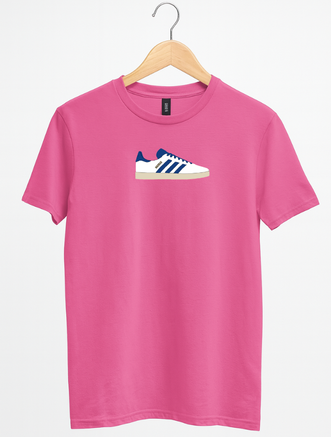 Pink t-shirt with a graphic of a shoe on a hanger against a white background