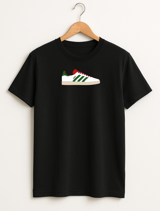 Black t-shirt with a shoe design on a hanger against a white background