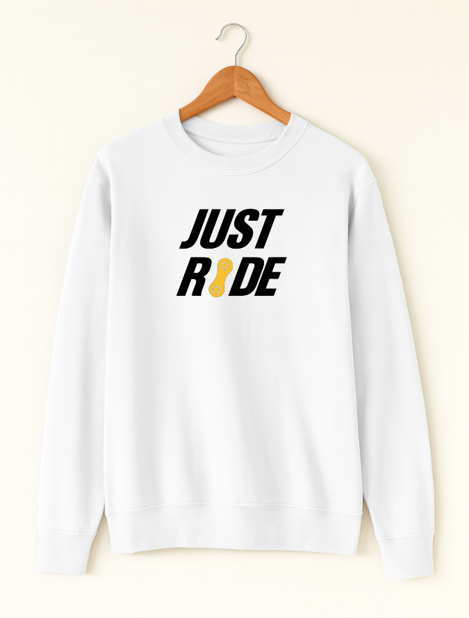 White sweatshirt with 'JUST RIDE' text on a hanger against a white background