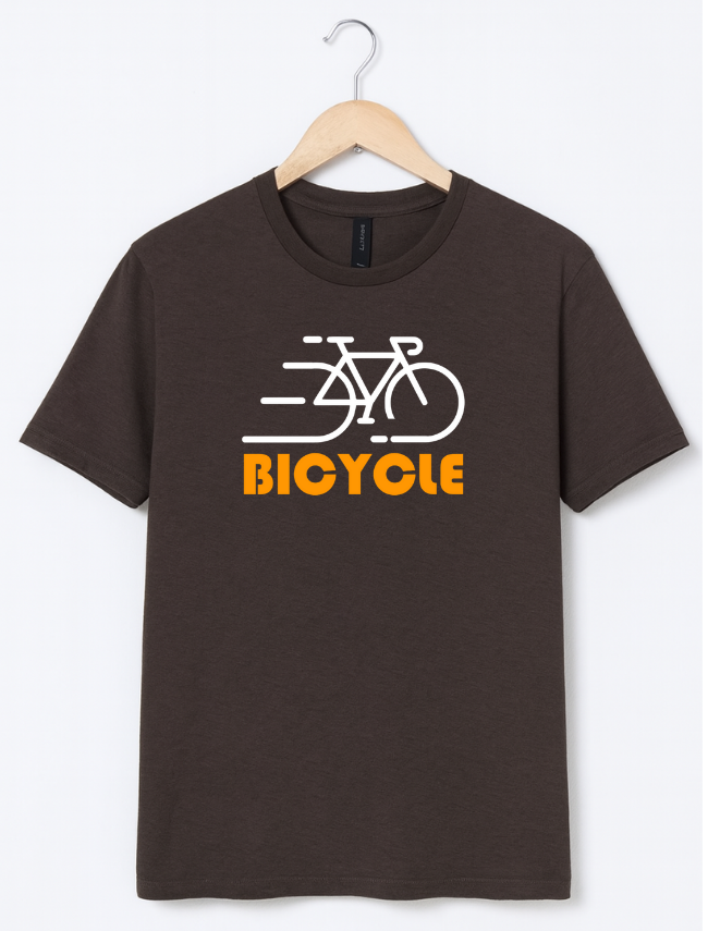 Brown t-shirt with bicycle graphic and 'BICYCLE' text on a hanger against a white background