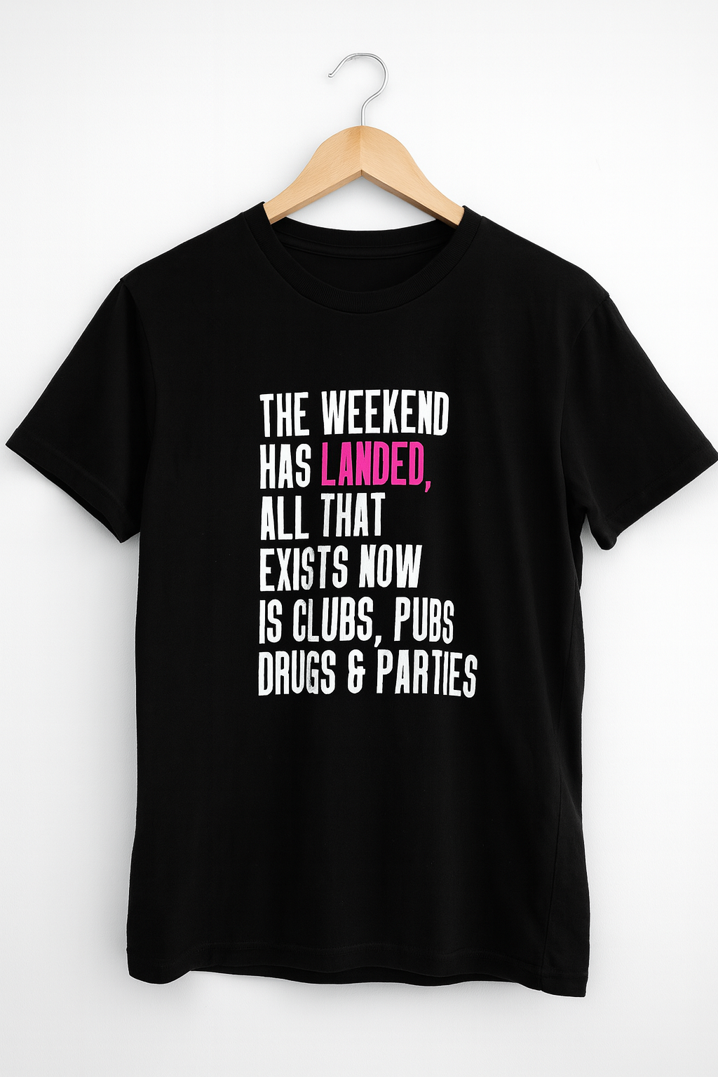 Black t-shirt with text on a white background