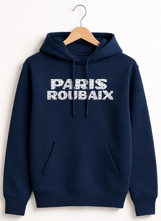 Navy blue hoodie with 'PARIS ROUBAIX' text on a hanger against a white background