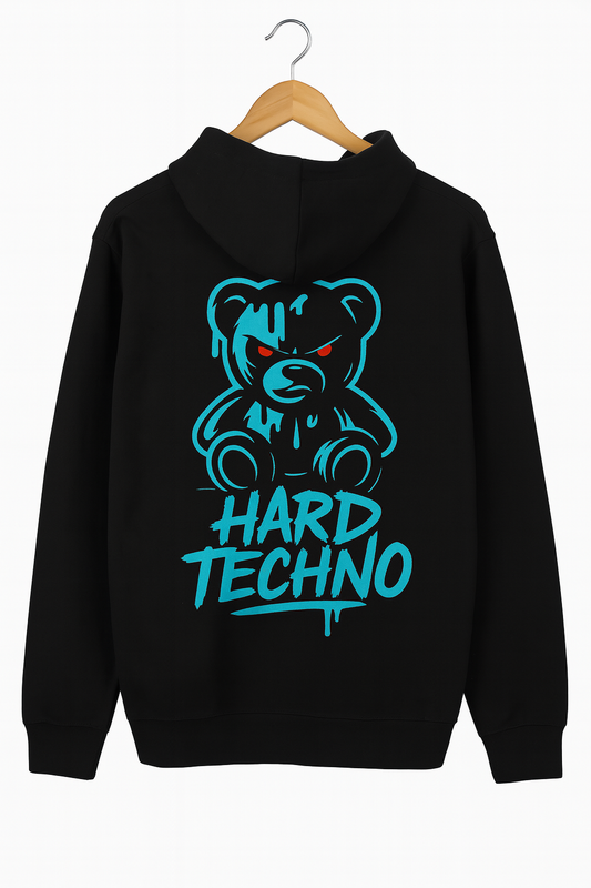 Black hoodie with a bear graphic and 'Hard Techno' text on a white background
