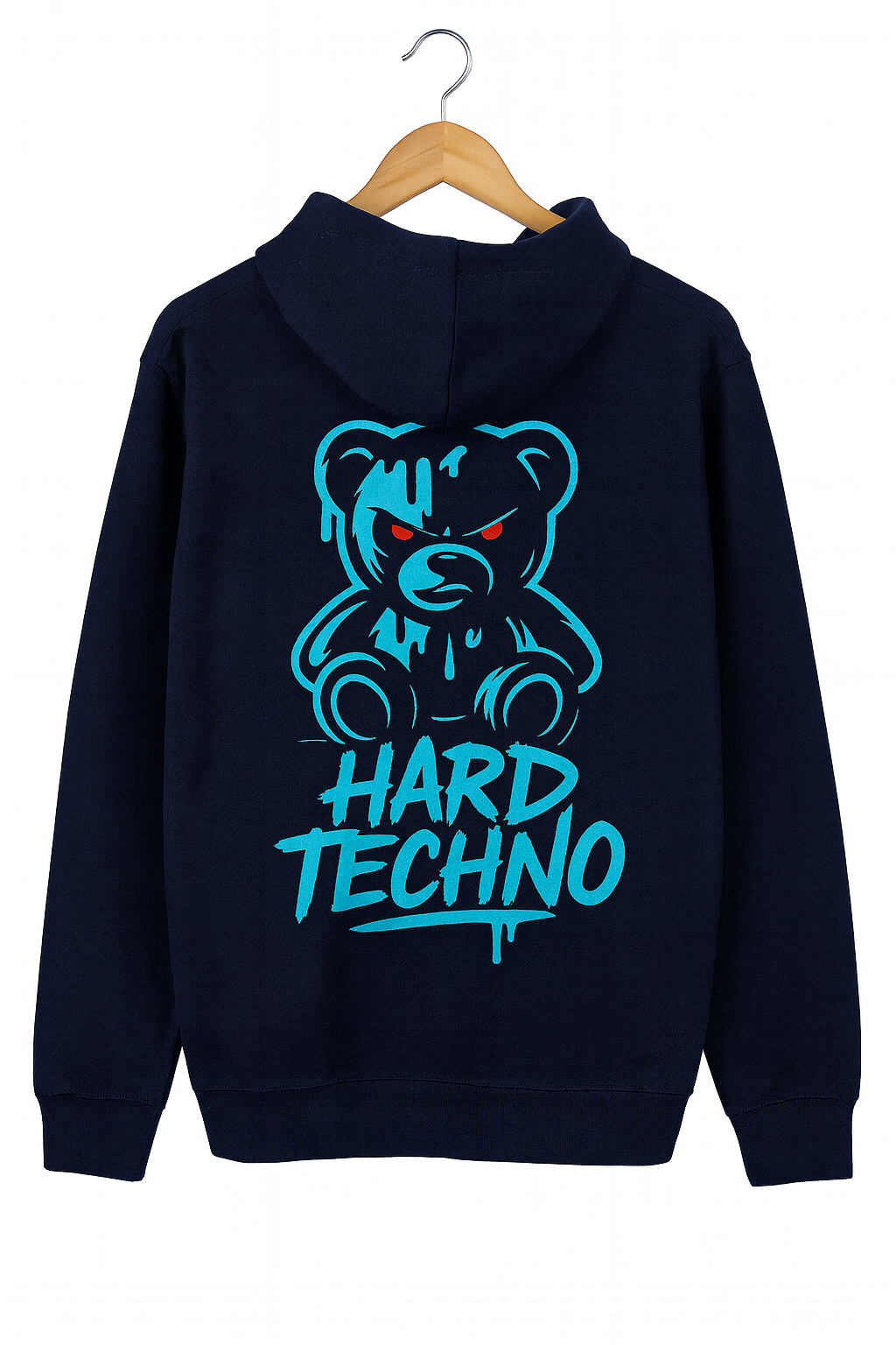 Navy hoodie with blue bear graphic and 'Hard Techno' text on a white background
