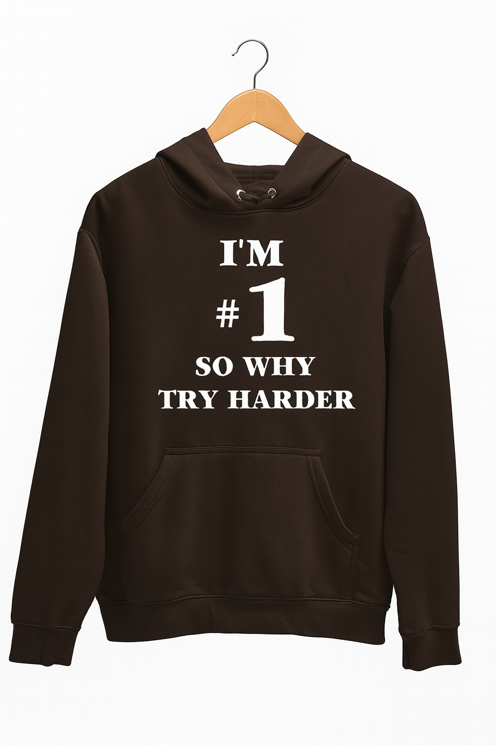 Brown hoodie with white text on a hanger against a white background