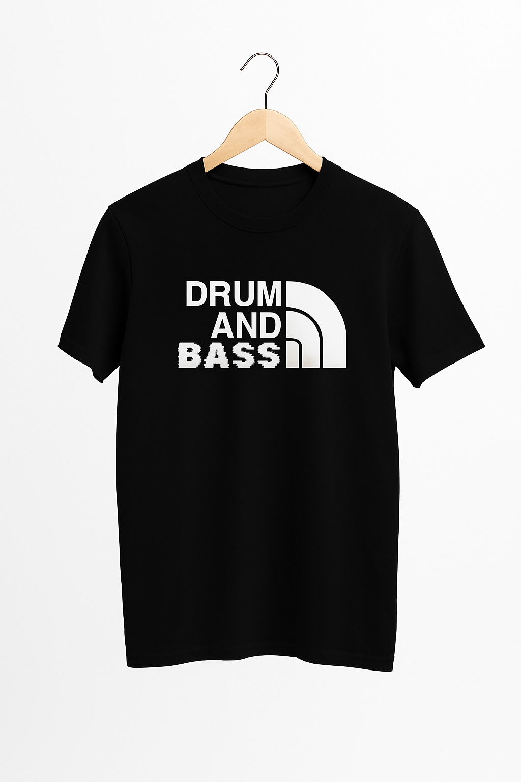 Black t-shirt with 'DRUM AND BASS' text on a hanger against a white background