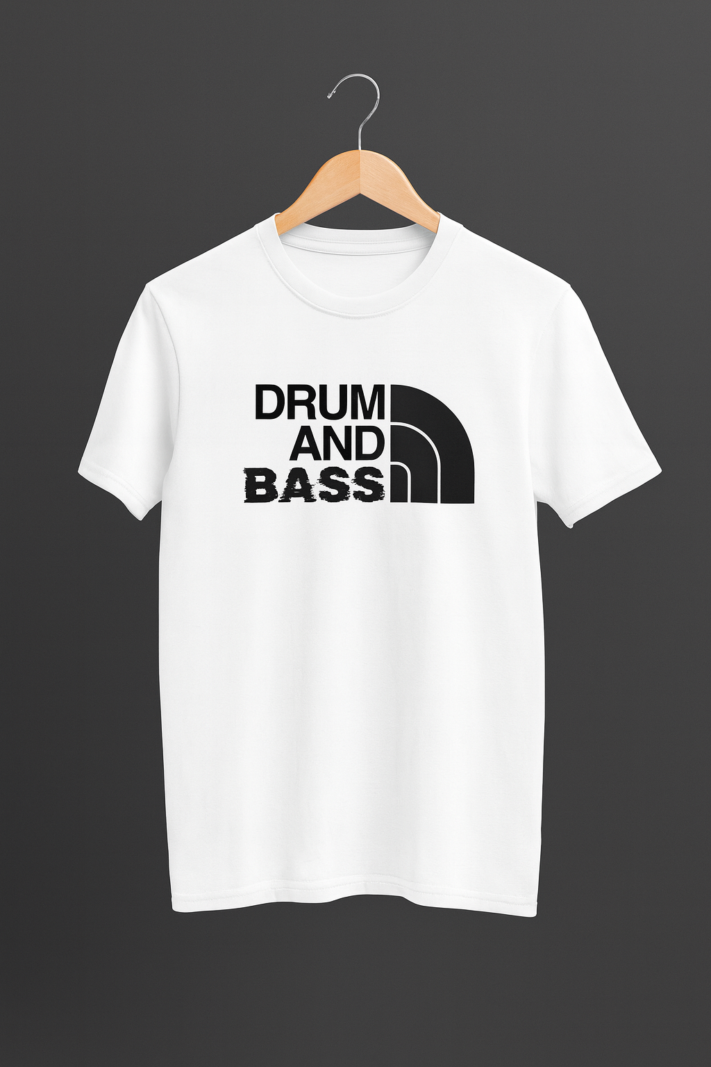 White t-shirt with 'Drum and Bass' text on a hanger against a black background