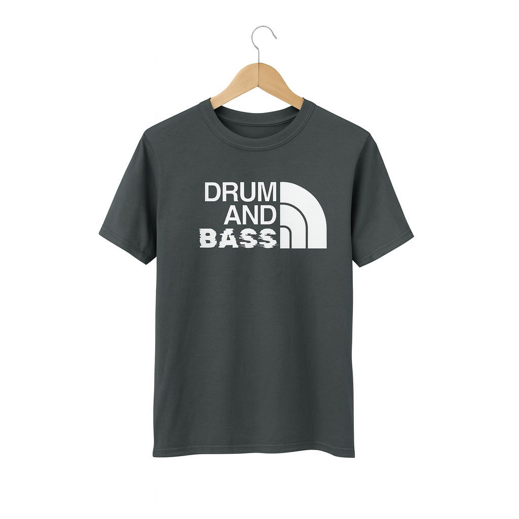 Grey t-shirt with 'Drum and Bass' text on a hanger against a white background