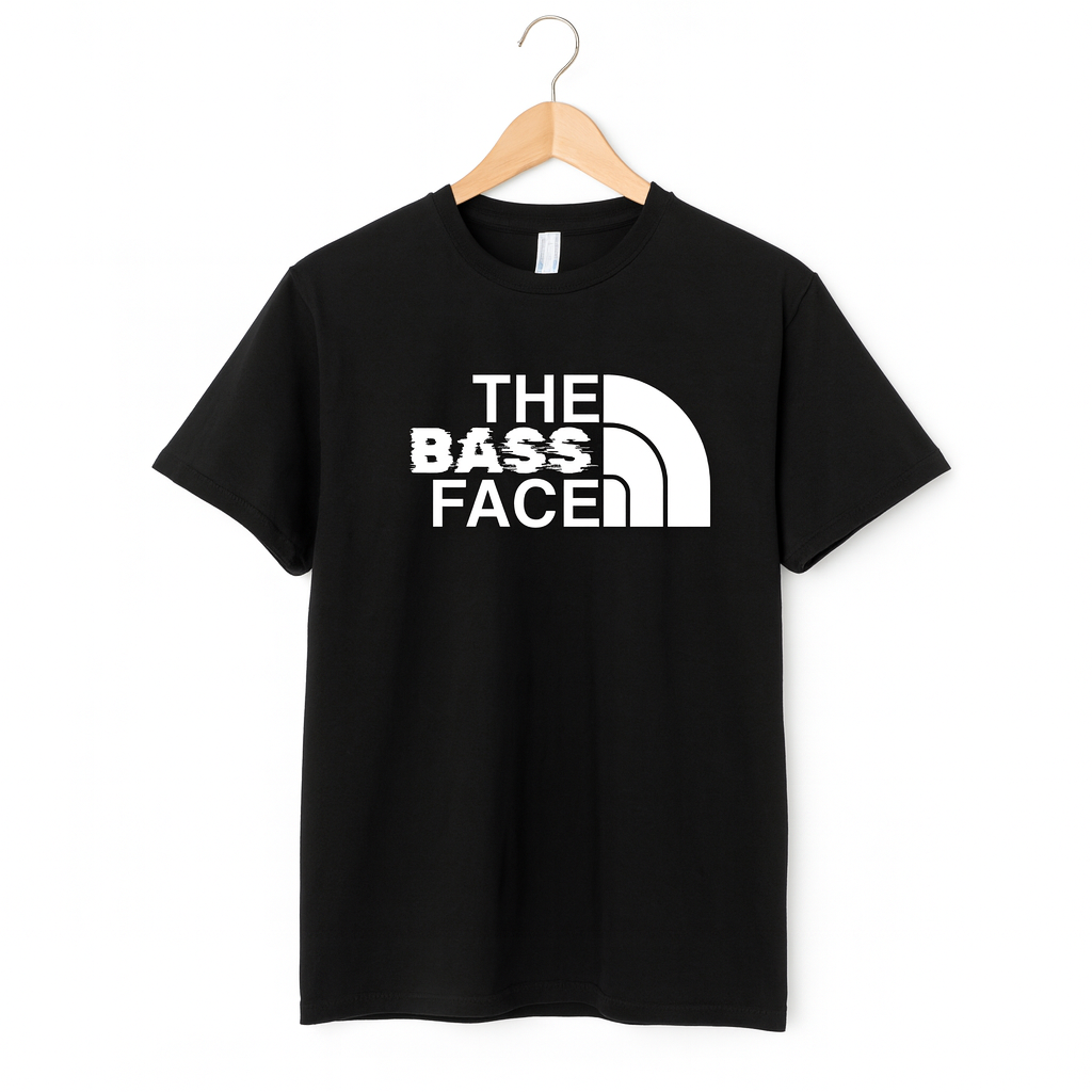 Black t-shirt with 'THE BASS FACE' text on a wooden hanger against a white background