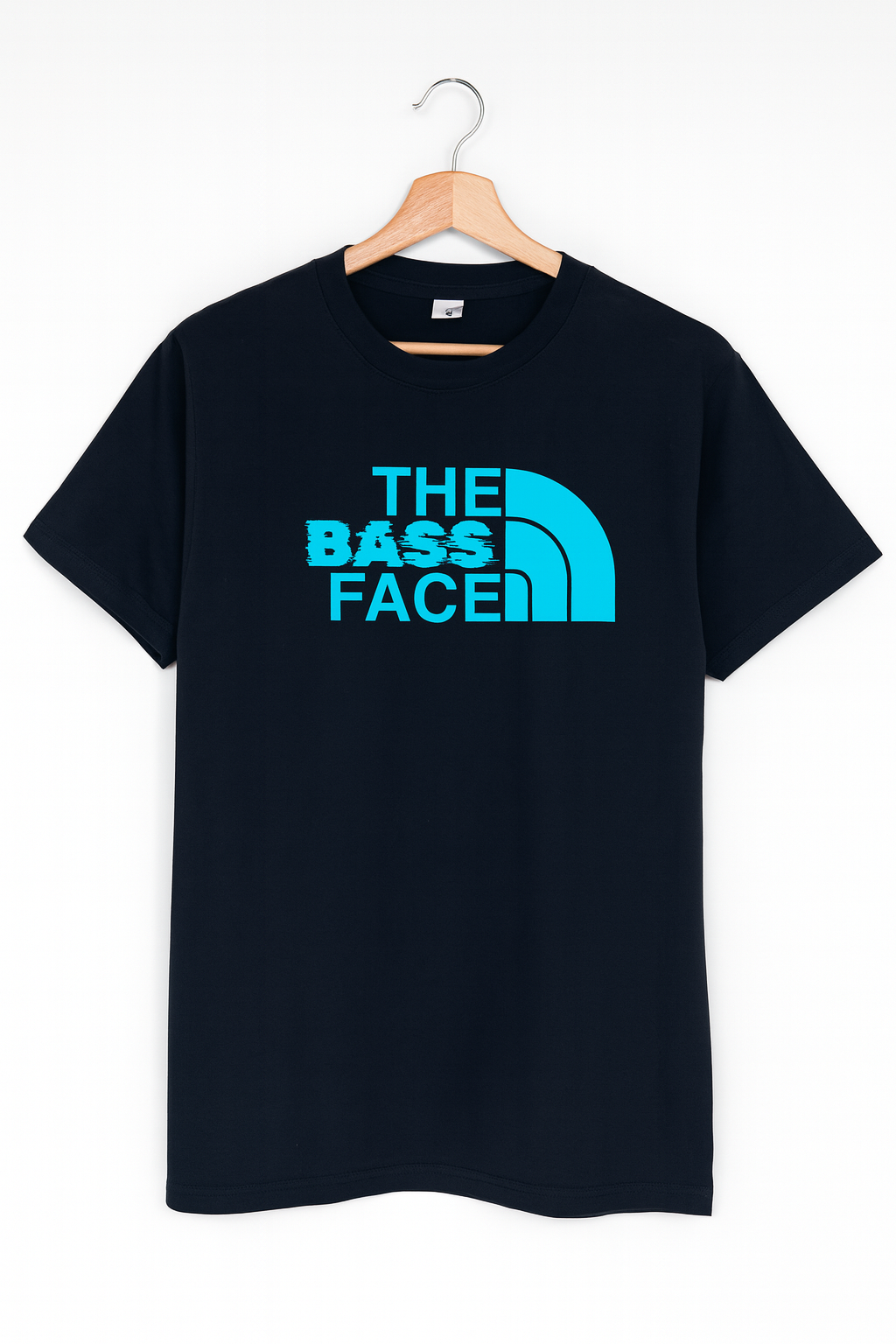 Black t-shirt with 'The Bass Face' text and logo on a hanger against a white background