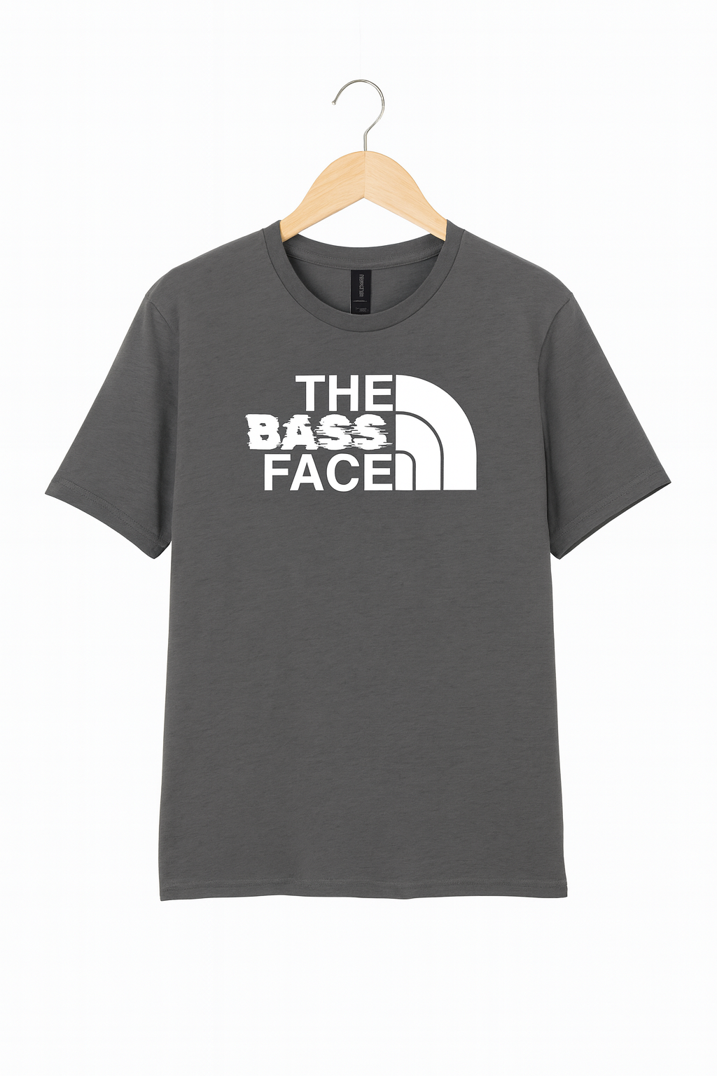 Grey t-shirt with 'The Bass Face' logo on a hanger against a white background