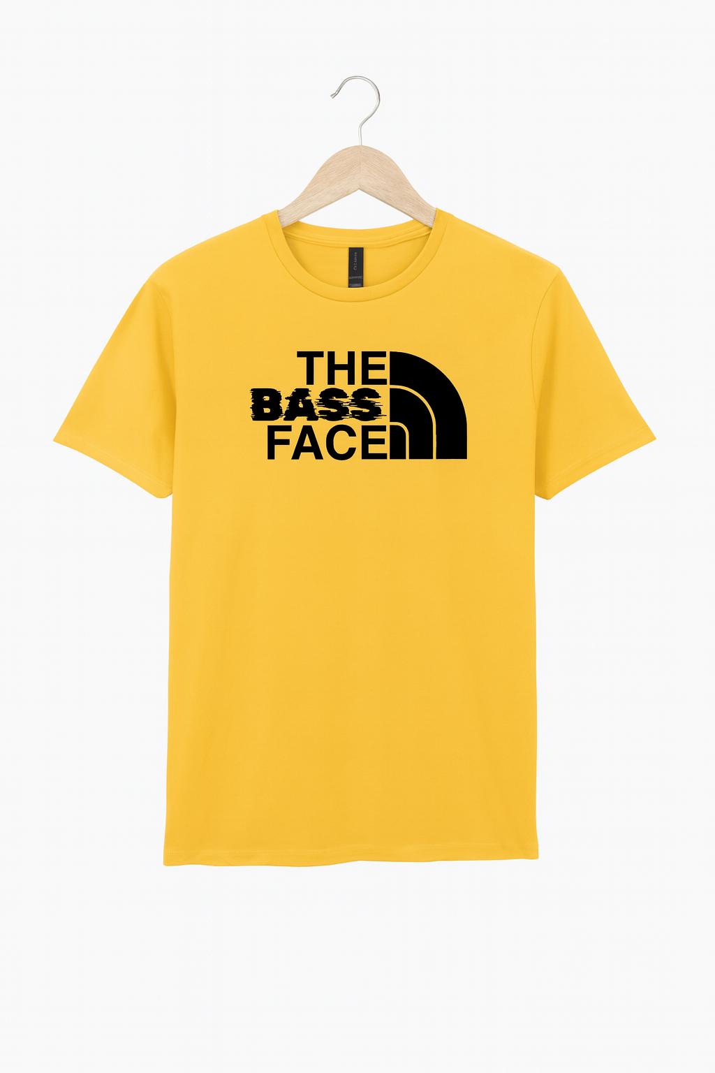 Yellow t-shirt with 'The Bass Face' text on a hanger against a white background