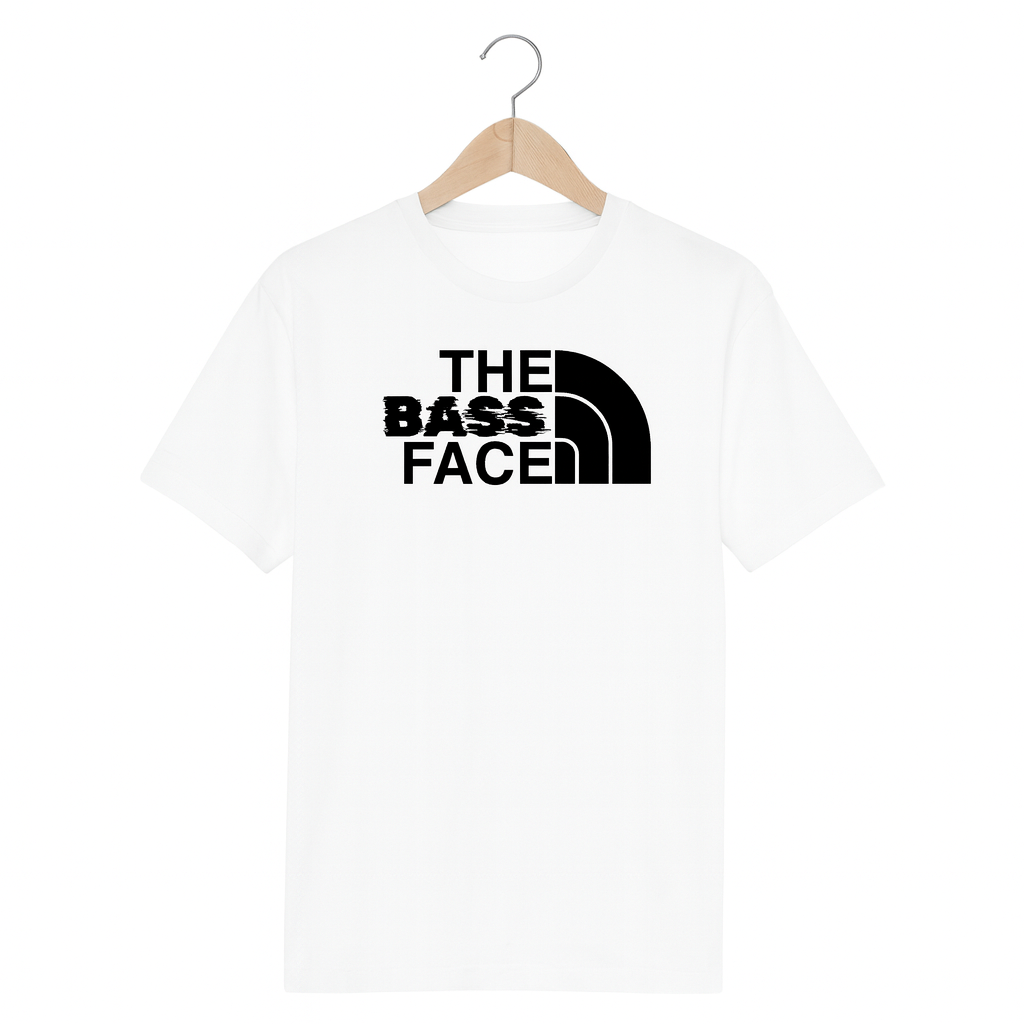 White t-shirt with 'The Bass Face' text on a hanger against a white background
