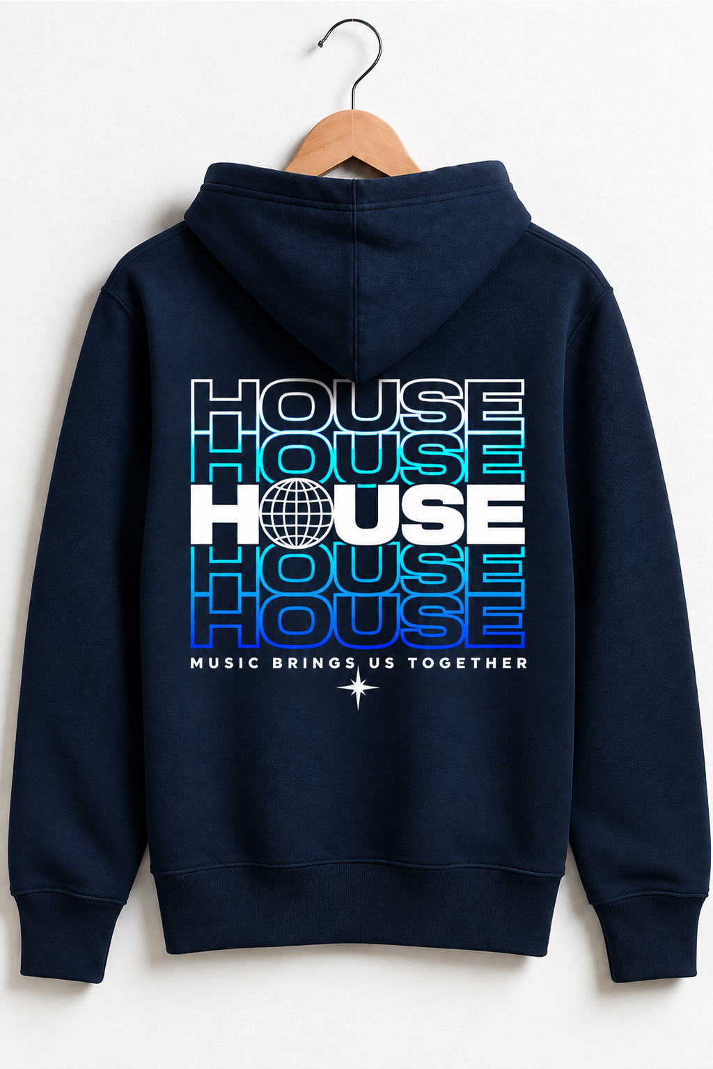 A navy blue hoodie hanging on a wooden hanger against a white wall, showing the back with a large graphic print that reads 'HOUSE HOUSE HOUSE' in stacked white, gray, and blue lettering, with 'MUSIC BRINGS US TOGETHER' below.