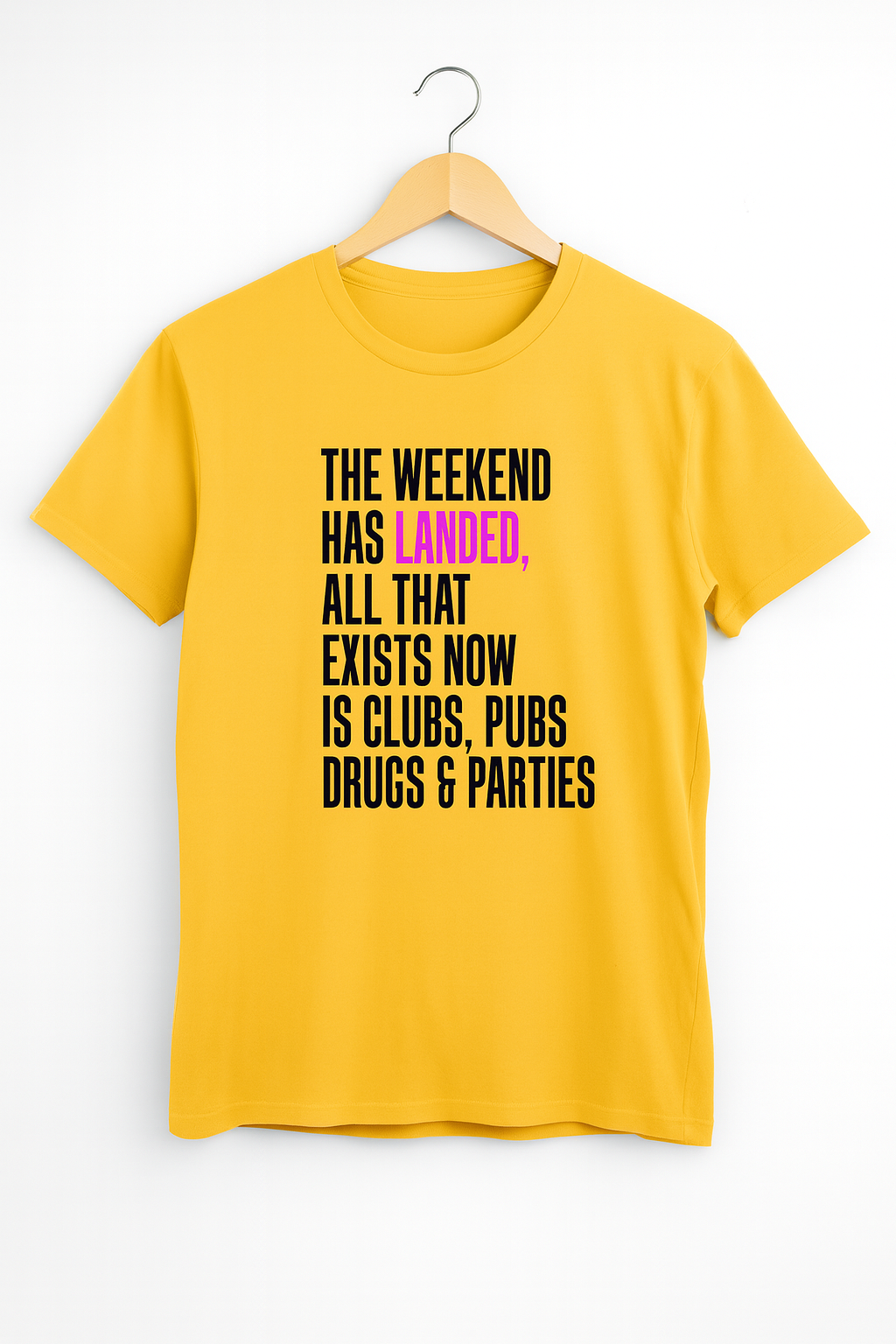Yellow  t-shirt with humorous text design on a white background