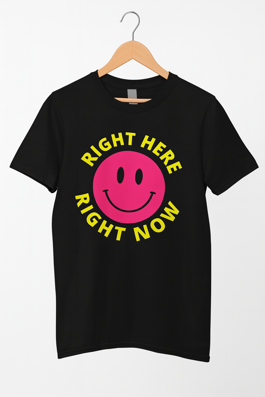 Black t-shirt with a pink smiley face and yellow text on a white background
