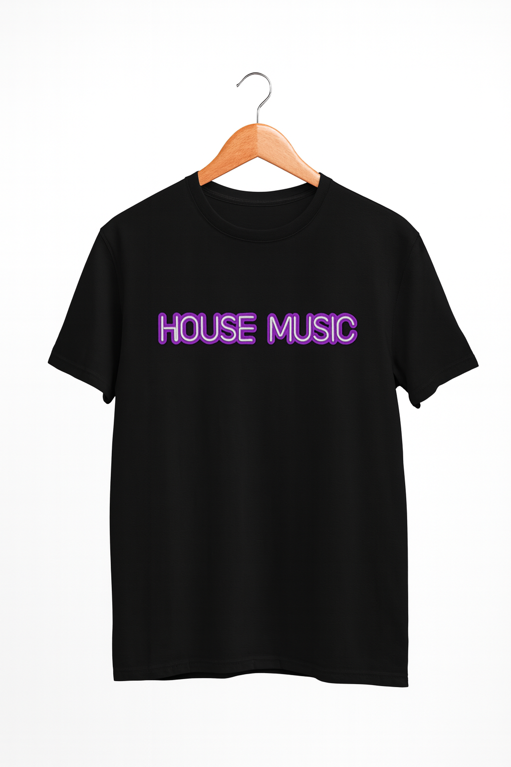 Black t-shirt with 'HOUSE MUSIC' text in purple on a hanger against a white background