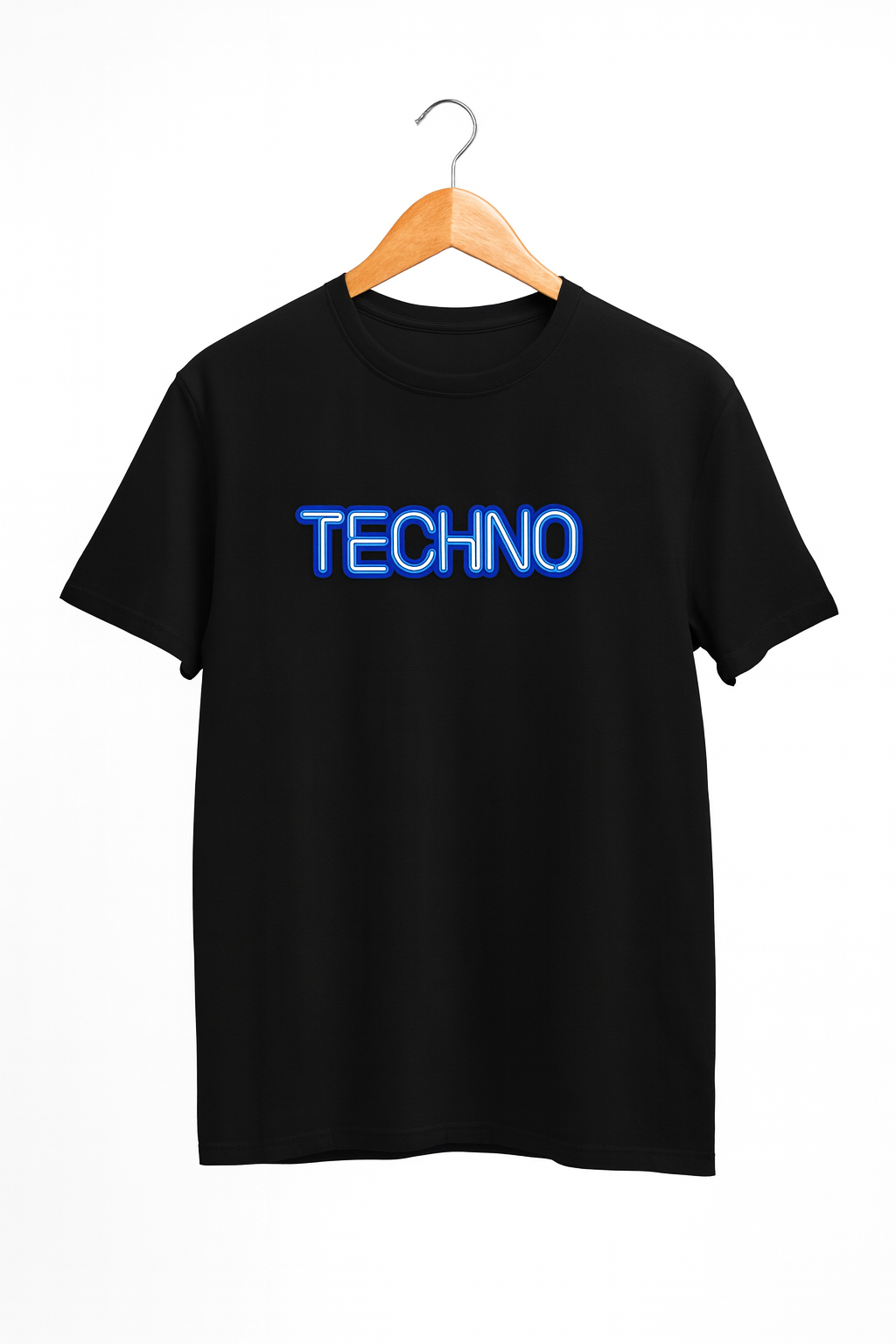 Black t-shirt with 'TECHNO' in blue text on a hanger against a white background