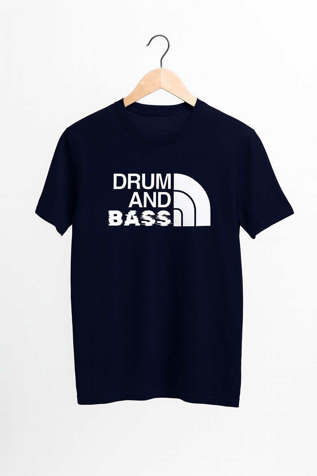 Black t-shirt with 'DRUM AND BASS' text on a hanger against a white background