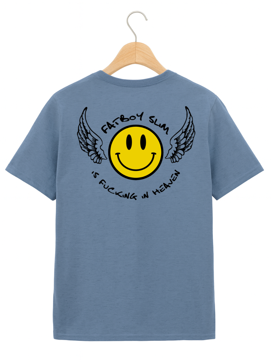 A blue short-sleeve t-shirt hanging on a wooden hanger against a white background, featuring a large graphic on the back with a yellow smiley face, black wings, and black text.