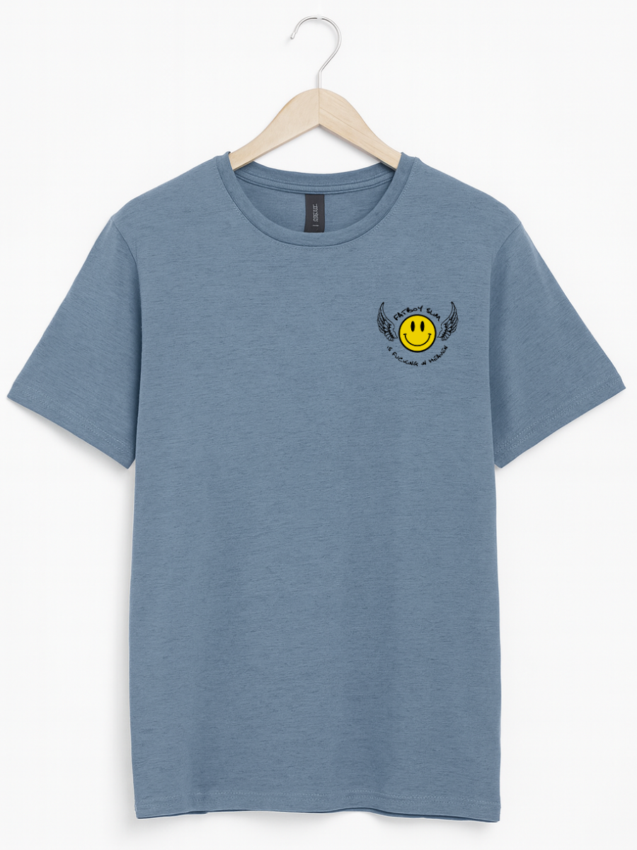 A heathered blue short-sleeve t-shirt hanging on a wooden hanger against a white background, featuring a yellow smiley face graphic with black wings and text on the left chest.