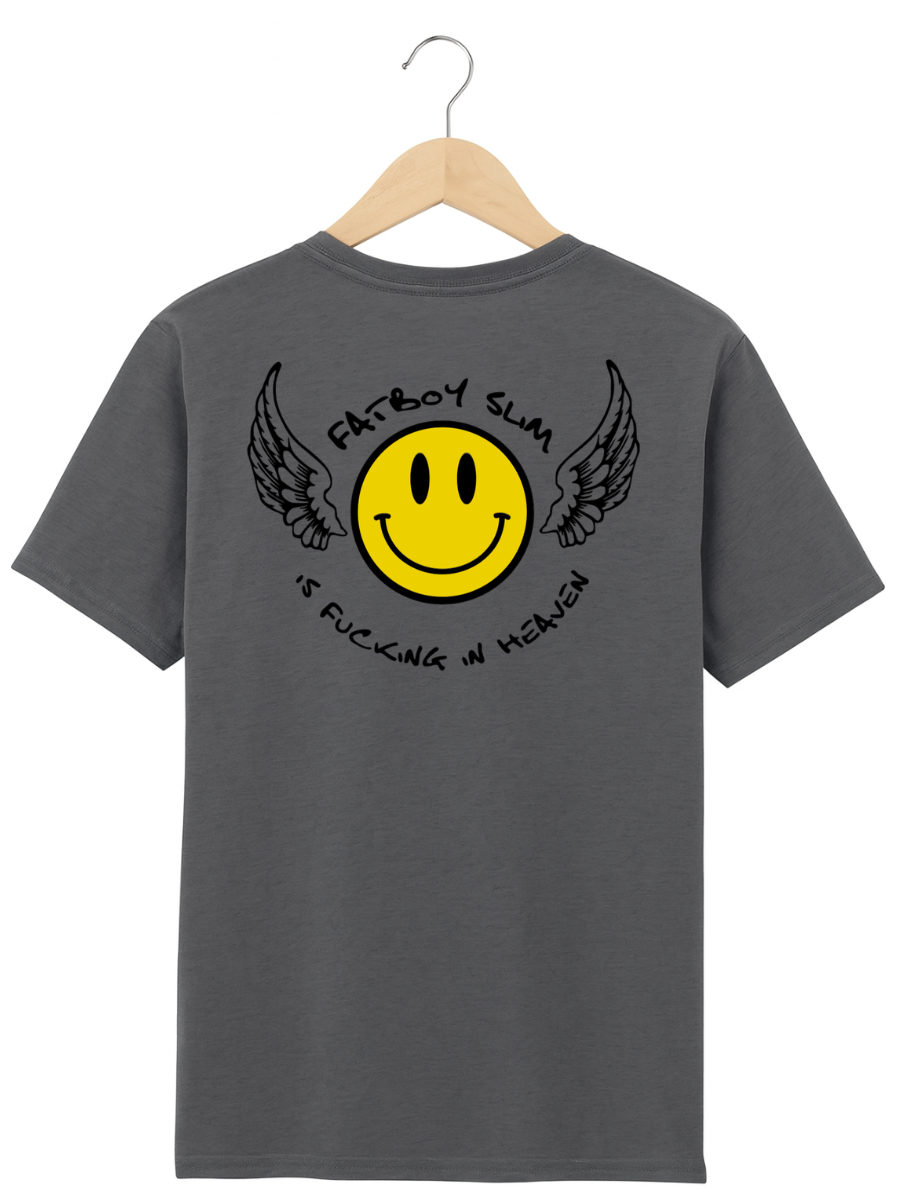 A dark gray t-shirt on a wooden hanger, showing the back with a graphic of a yellow smiley face with black wings and the text 'FATBOY SLAM IS FUCKING IN HELLEN'.