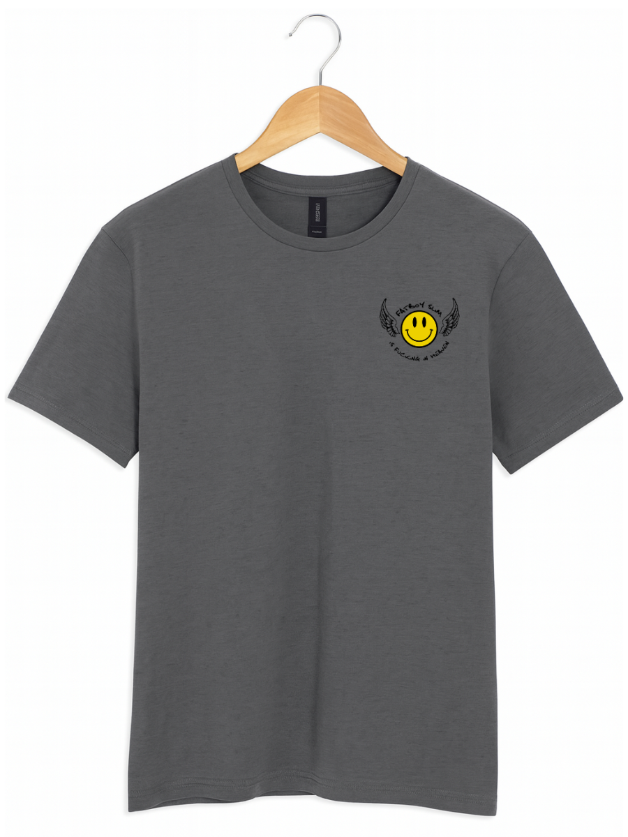 A dark gray crewneck t-shirt hanging on a wooden hanger against a white background, featuring a small yellow smiley face graphic with black wings on the left chest.